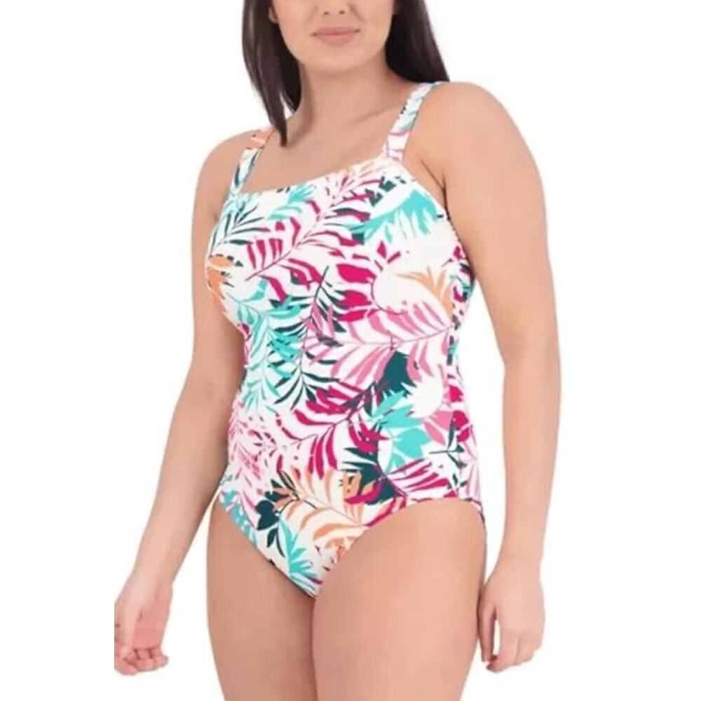 NWT Eddie Bauer Pull On Core One Piece White Tropical Full Coverage Swimsuit XXL
